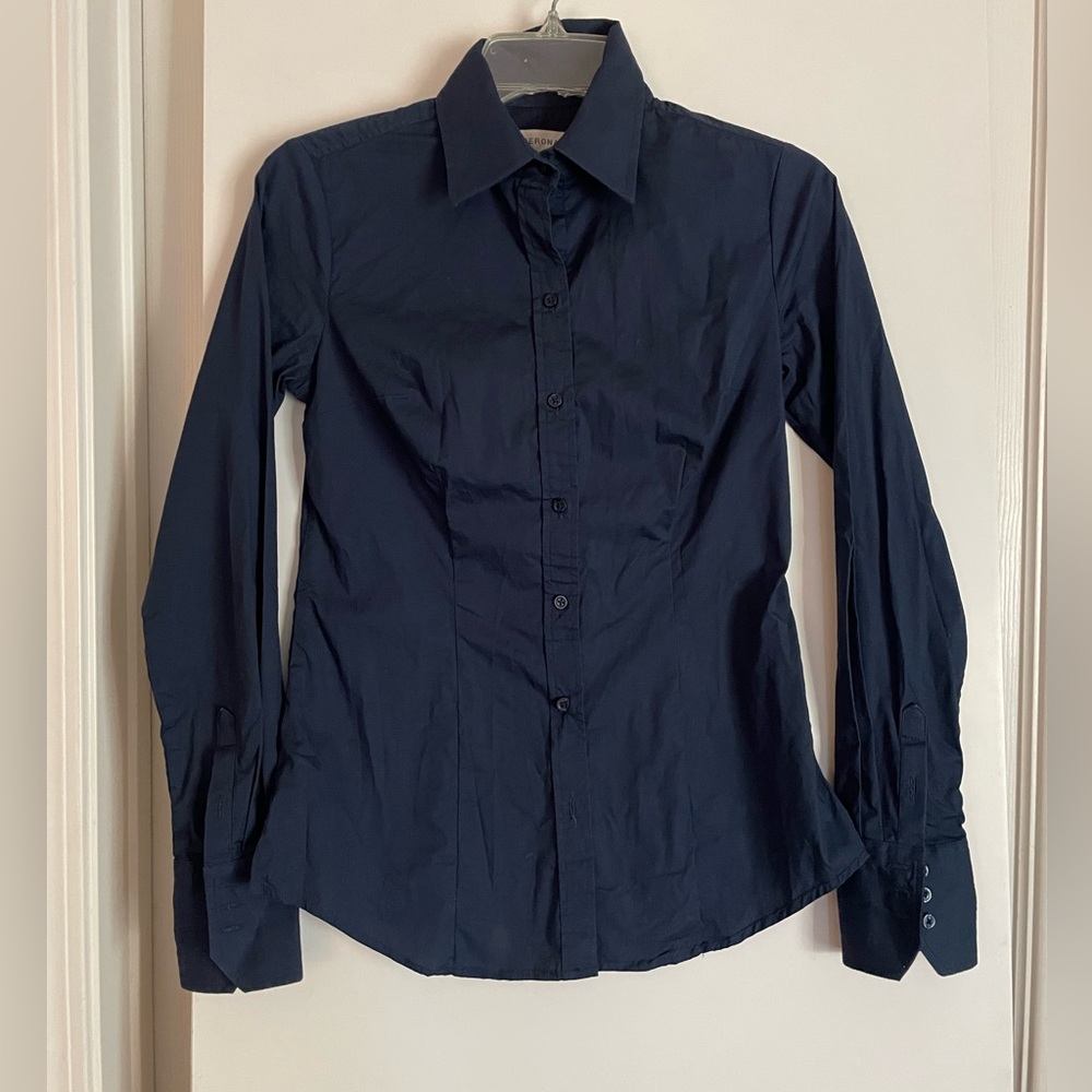 Navy Blue Cotton Shirt Long Sleeve Fitted Structured Button Up Top